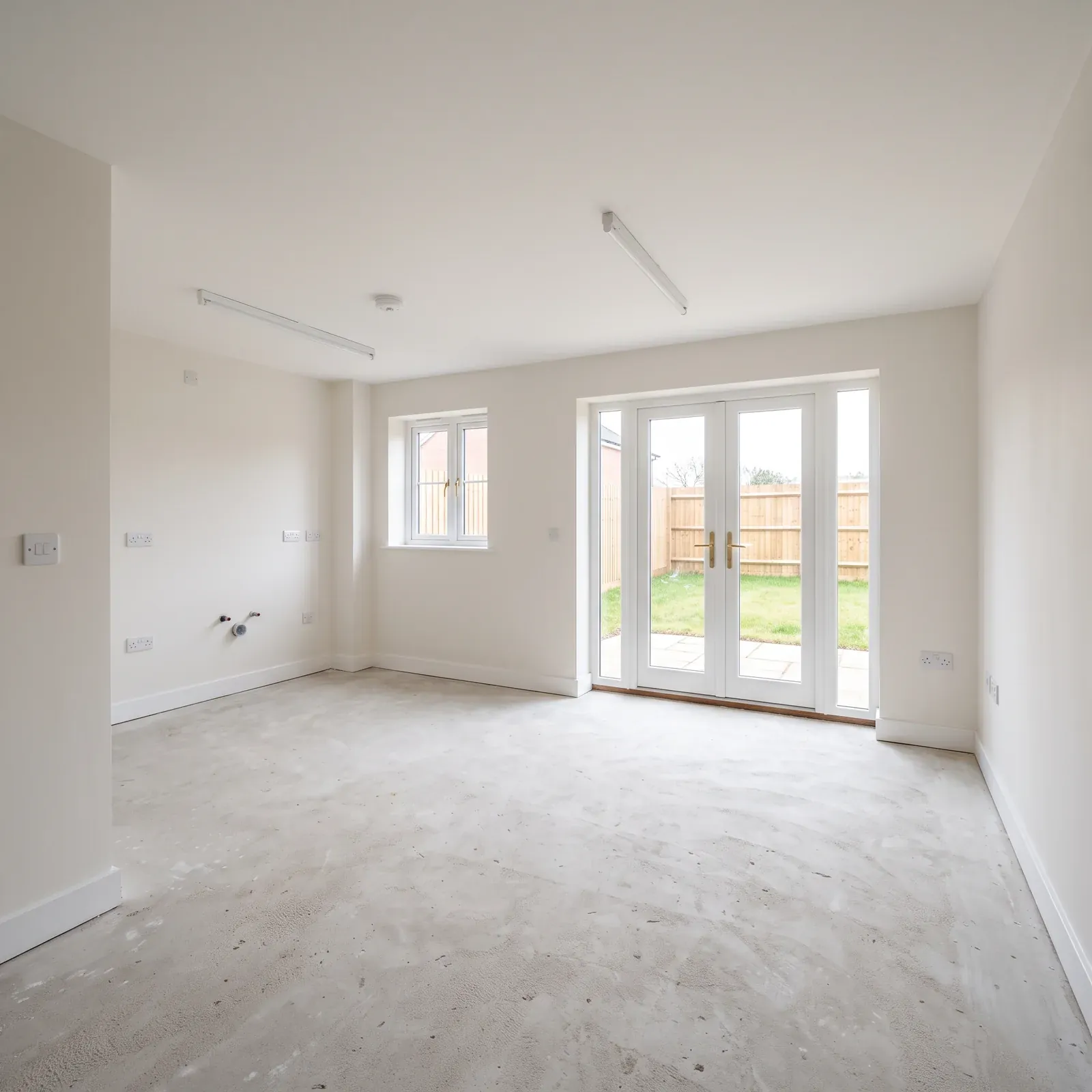 Illustrative interior at Blank Canvas stage, with plastered walls and an unfinished floor