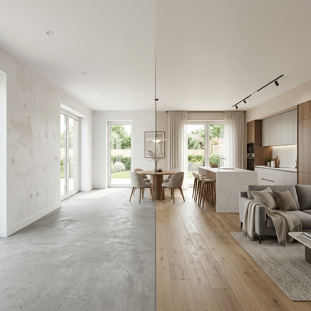 Comparison of a home at Blank Canvas stage with the same space once completed inside